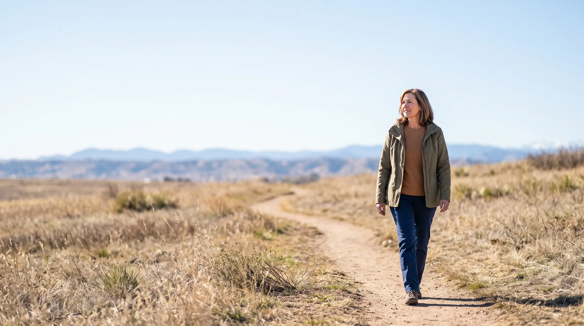 A woman walking an open-space trail along the Colorado Front Range on a clear morning, foothills soft in the distance.