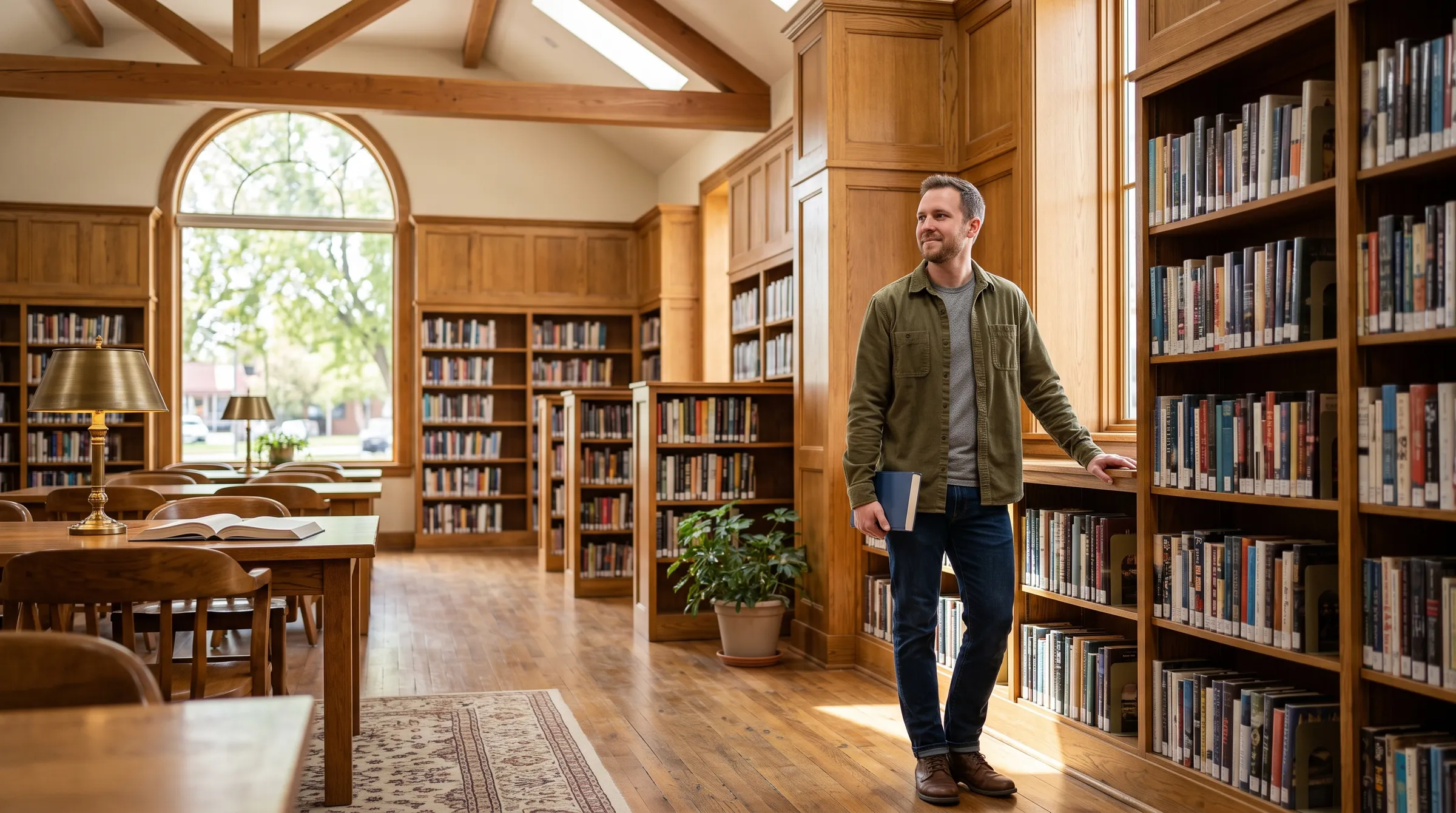 A man in an olive corduroy shirt standing beside the oak shelves of a small-town library, a book in one hand, looking off across the sunlit reading room.
