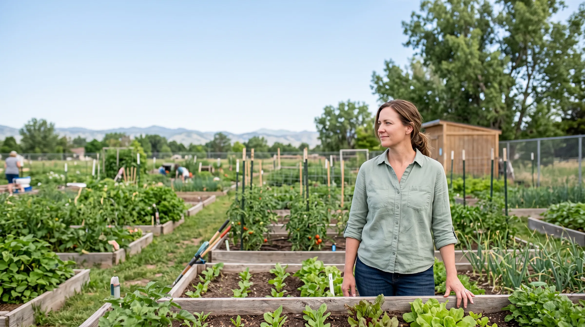 A woman in a sage-green shirt standing among the raised beds of a Front Range community garden, foothills soft on the horizon.