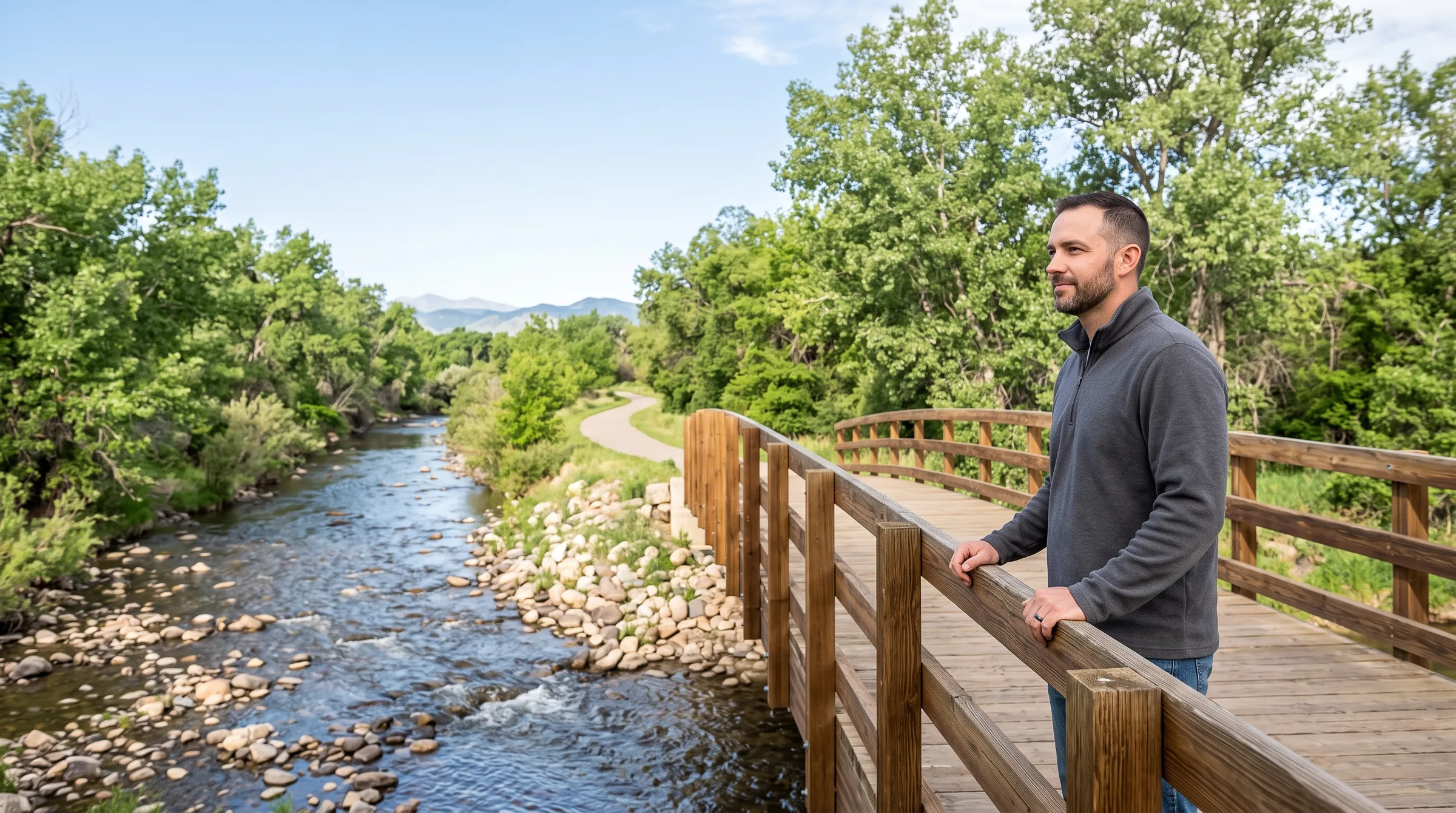 A man standing on a footbridge over a Front Range creek, hands on the rail, looking out over the water.