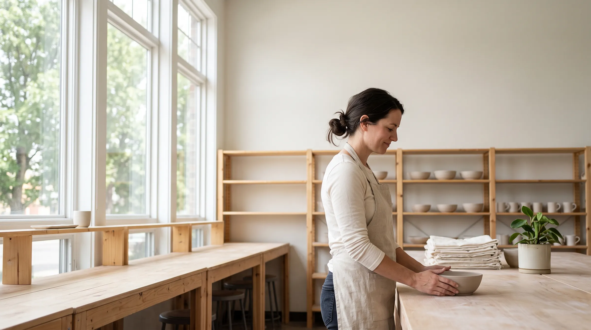 A woman in a natural-linen apron standing at a long pale wooden worktable in a bright ceramics studio, both hands around a plain unglazed bowl, tall windows and pine shelves of drying bowls behind her.