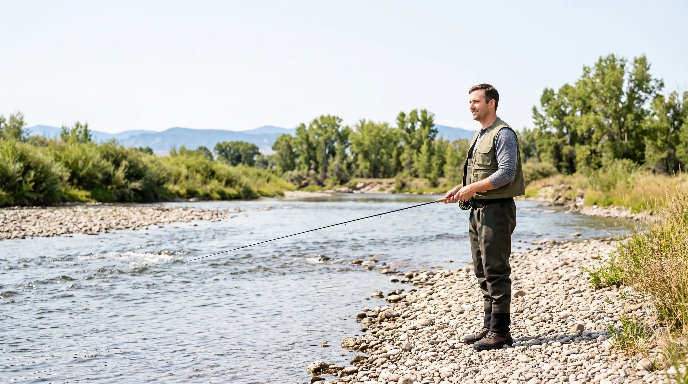 A man in his early thirties in an olive fishing vest and chest waders standing on a pale cobble bar at the edge of a shallow Front Range river, a fly rod held low across his body, willows and cottonwoods on the far bank and low blue foothills beyond.
