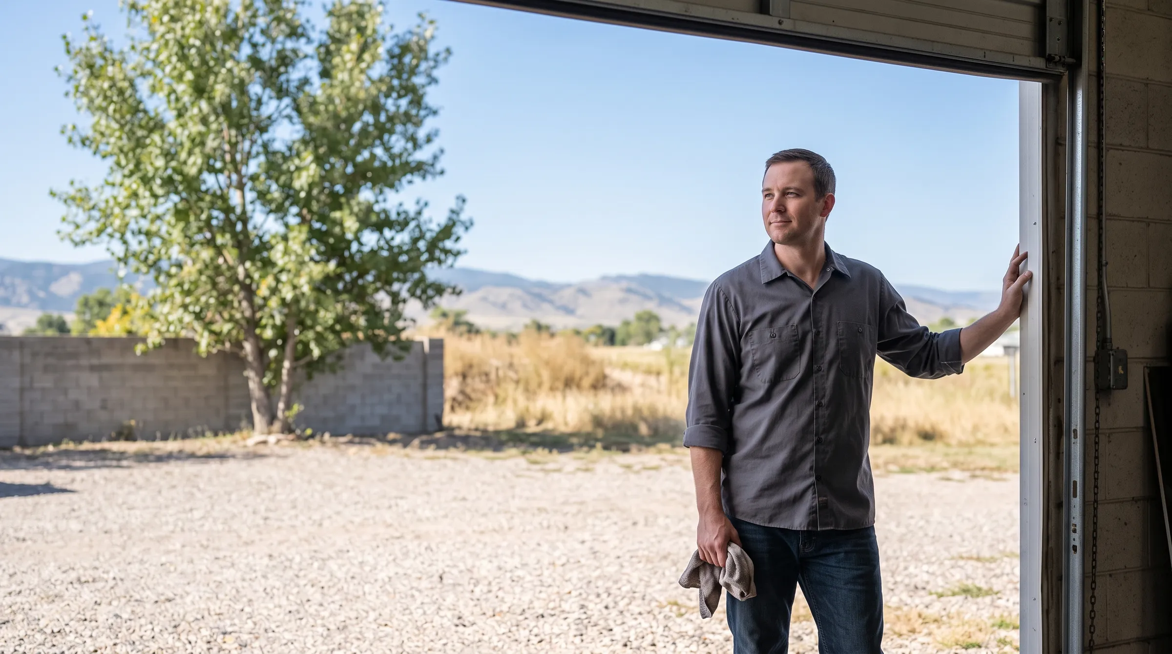A man in a grey work shirt standing in the open bay door of a small Colorado shop, a rag in one hand, looking out across a gravel yard toward the foothills.