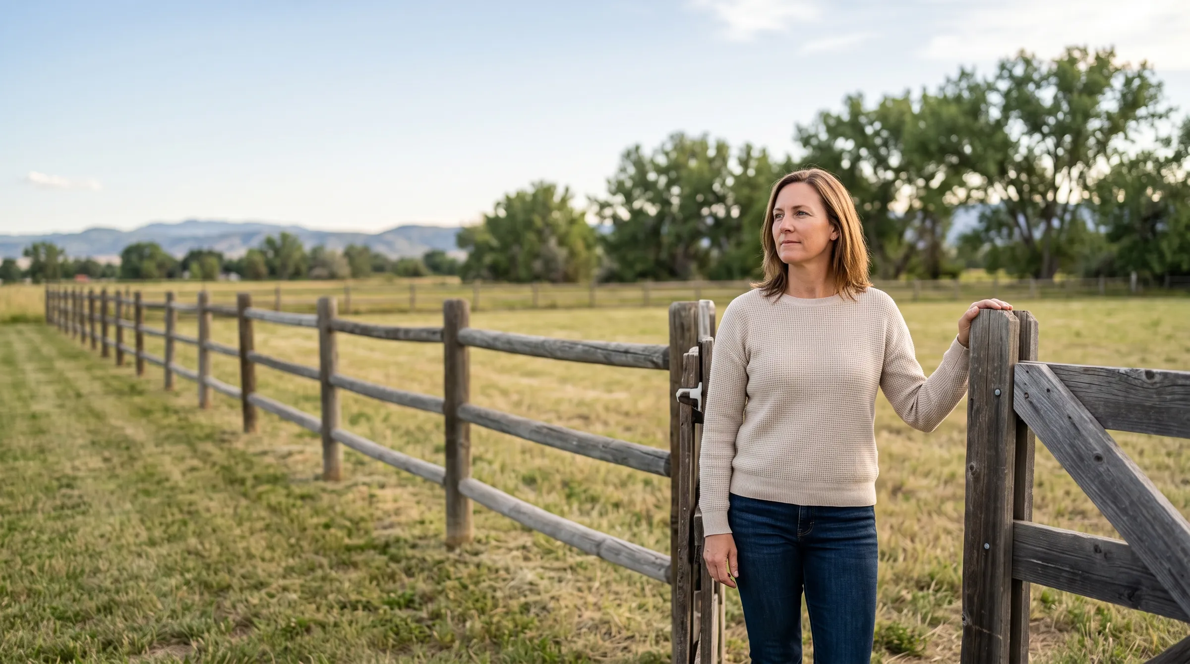 A woman in a cream waffle-knit sweater standing at the open gate of a weathered split-rail fence, one hand on the post, looking out across a mown Colorado pasture toward low foothills.