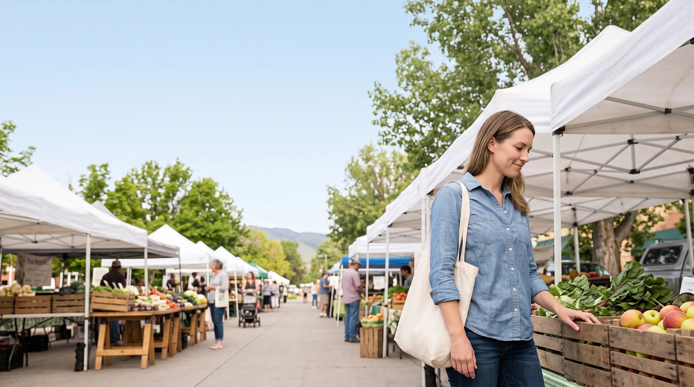 A woman in a chambray shirt with a canvas tote on her shoulder, resting a hand on a crate of greens at an outdoor farmers market, white canopy stalls and shoppers receding down the aisle behind her.