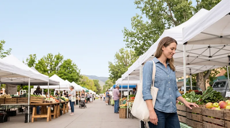 A woman in a chambray shirt with a canvas tote on her shoulder, resting a hand on a crate of greens at an outdoor farmers market, white canopy stalls and shoppers receding down the aisle behind her.