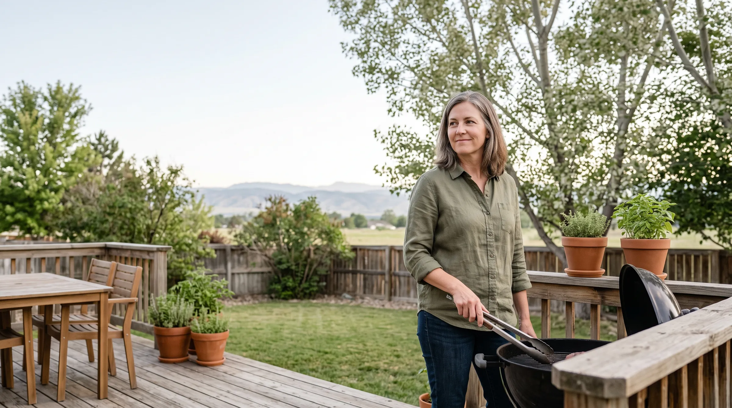 A woman in her fifties in an olive linen shirt standing at a kettle grill on a weathered wooden deck, tongs in one hand, potted herbs along the rail and a mown lawn, fence and low Front Range foothills beyond.