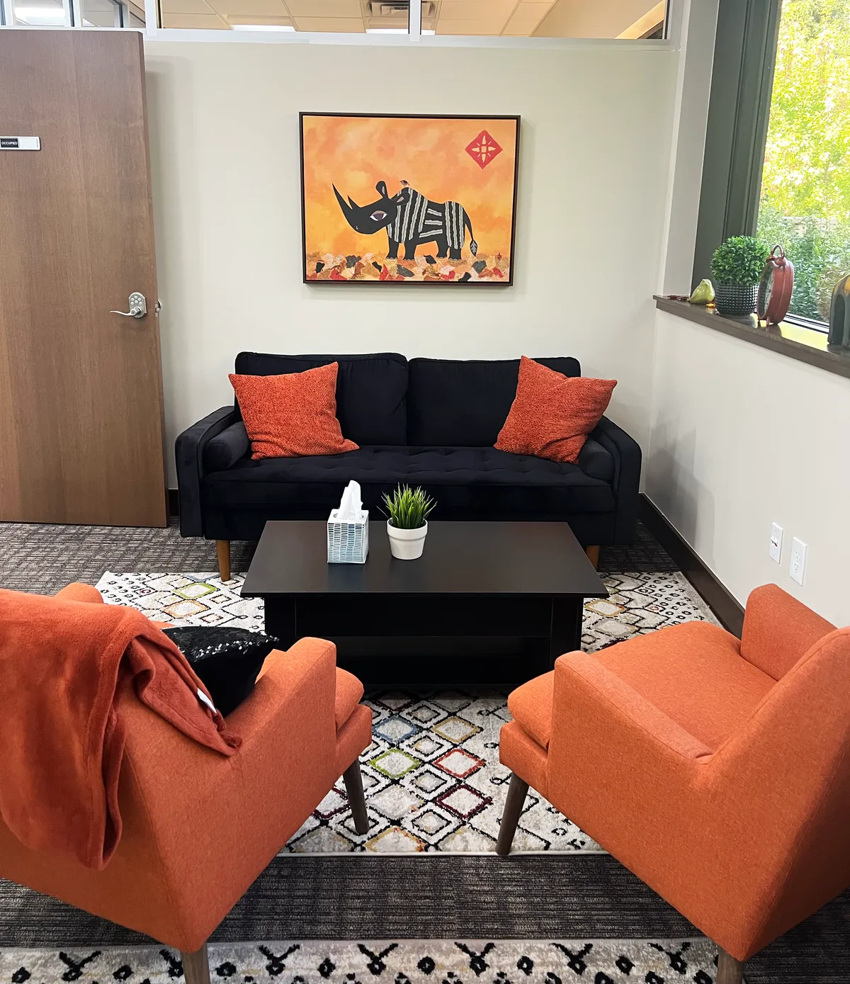 An empty consult room: a black sofa with rust pillows beneath a framed orange rhino painting, two rust armchairs facing it across a low table with a tissue box and a small plant.
