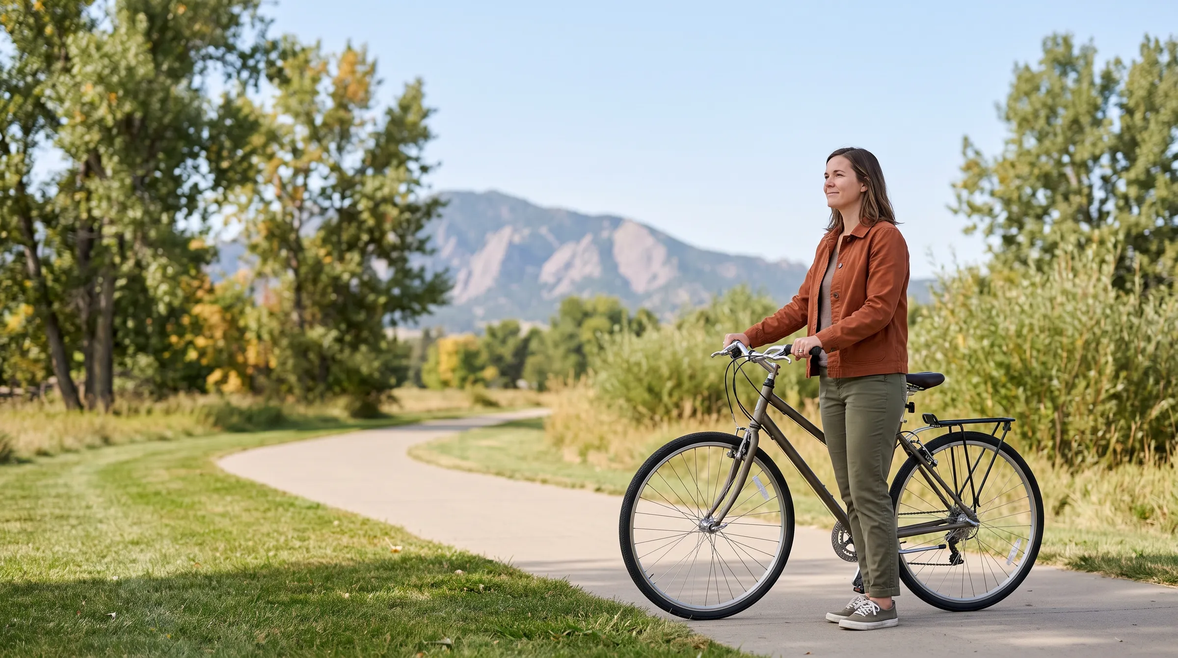 A woman standing with a bicycle on a paved greenway path at the edge of Boulder, the Flatirons rising beyond the cottonwoods.