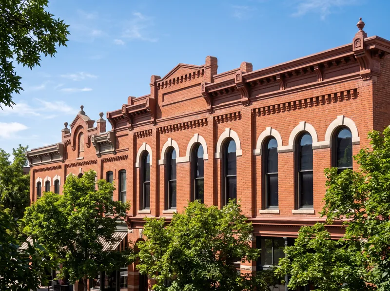 The upper storeys of a row of historic red-brick Victorian buildings in Old Town Fort Collins, arched windows and corbelled cornices above the street trees.