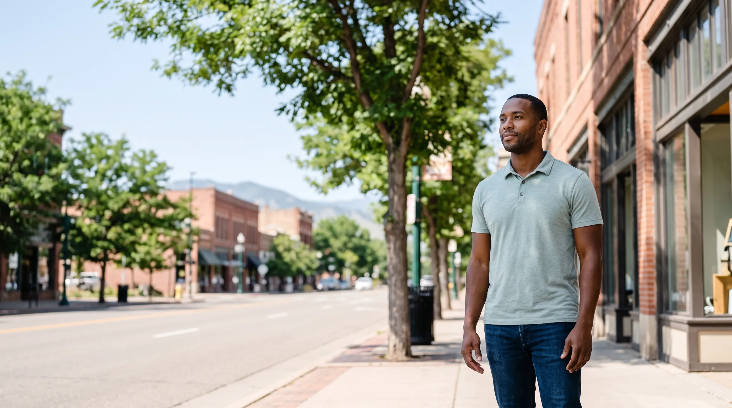A person on a Fort Collins street with the Front Range foothills rising behind Old Town under a clear Colorado sky.