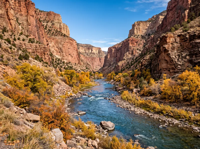The Colorado River running clear between the red sandstone walls of Glenwood Canyon, golden cottonwoods along both banks.