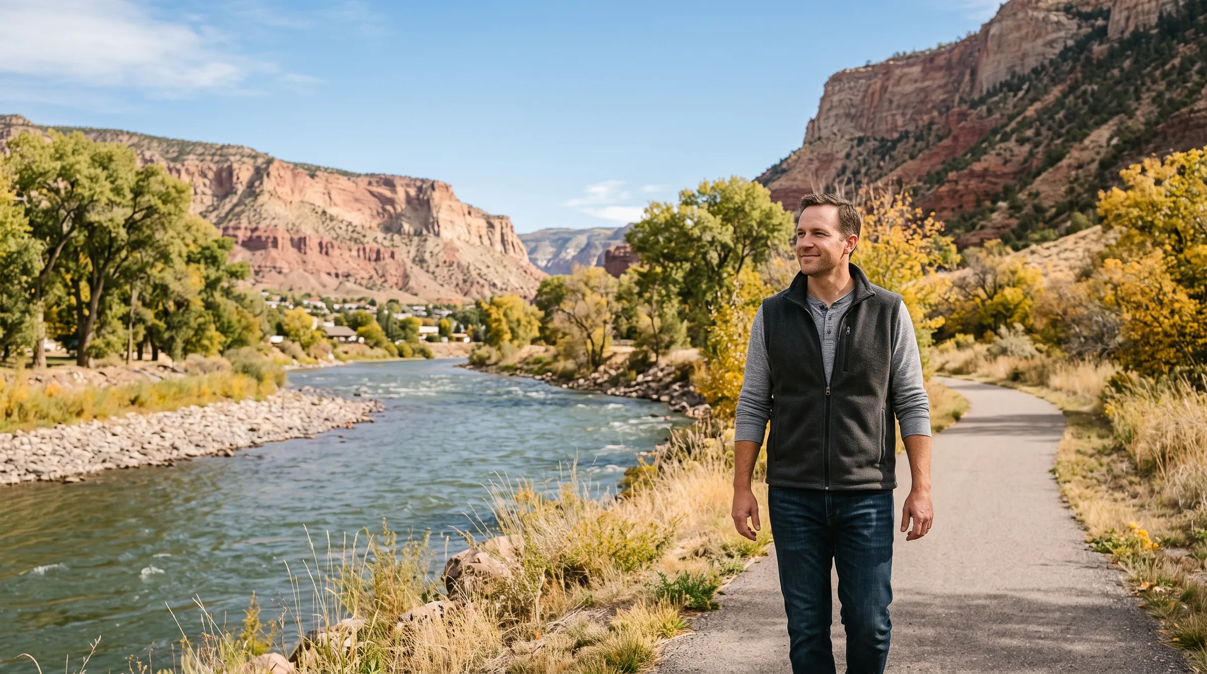 A man in a charcoal fleece vest walking a paved path beside a river in a Colorado mountain valley, gold cottonwoods along the bank and red sandstone valley walls rising behind him.