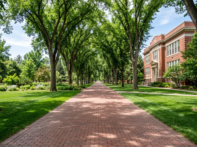 A red-brick walkway running between deep green lawns under a canopy of tall elms, past a brick academic building in Greeley.