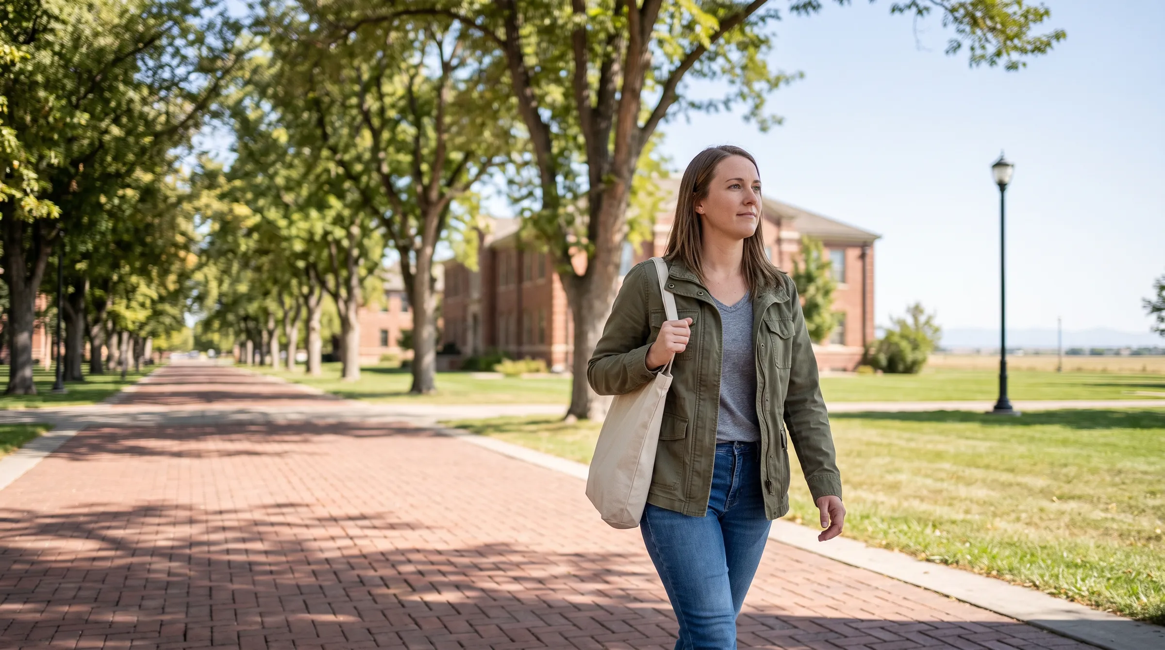 A woman with a canvas tote walking a red-brick campus walkway in Greeley, shaded by tall elms, a red-brick academic building and the open plains beyond.