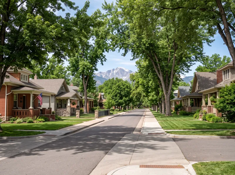 A tree-lined Longmont residential street of brick and clapboard bungalows with deep front porches, Longs Peak rising at the far end.