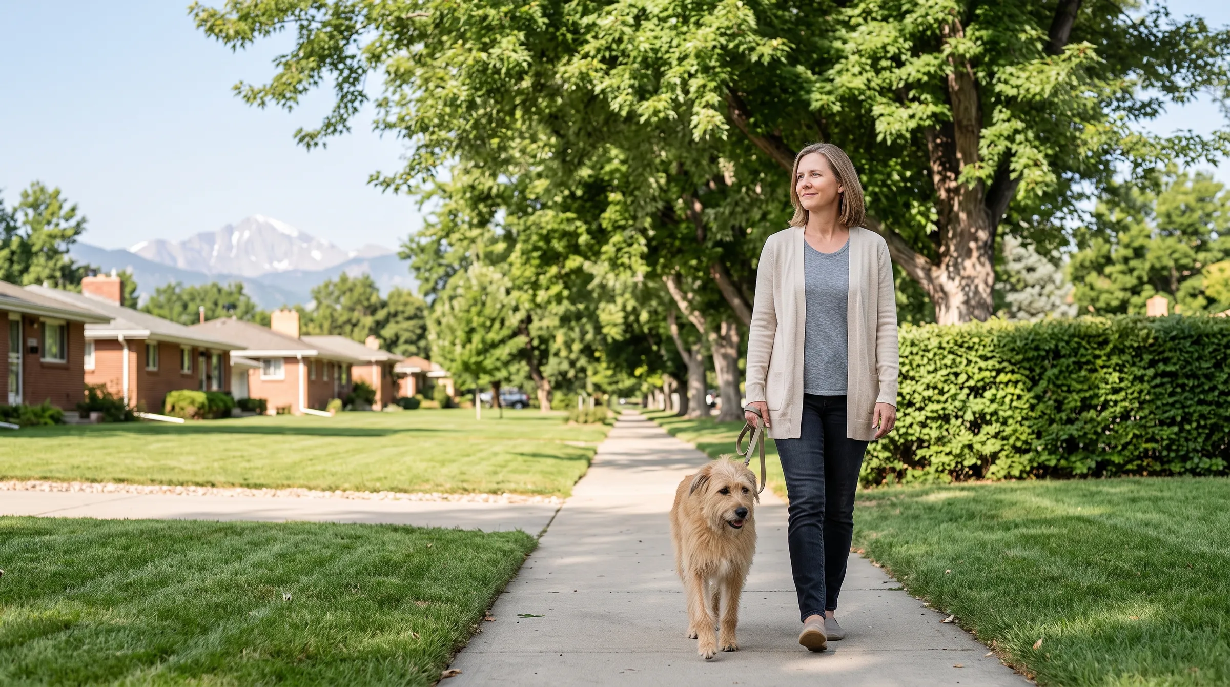 A woman walking a dog along a wide residential sidewalk in Longmont, brick ranch houses under mature maples and the Front Range clear at the end of the street.