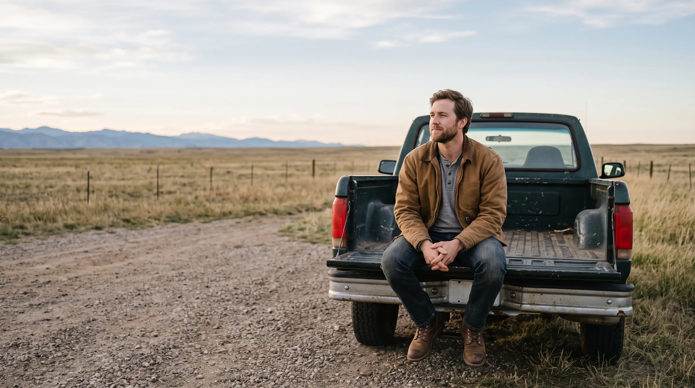 A man in a canvas work jacket sitting on the open tailgate of a parked pickup on the Northern Colorado plains in early-evening light.