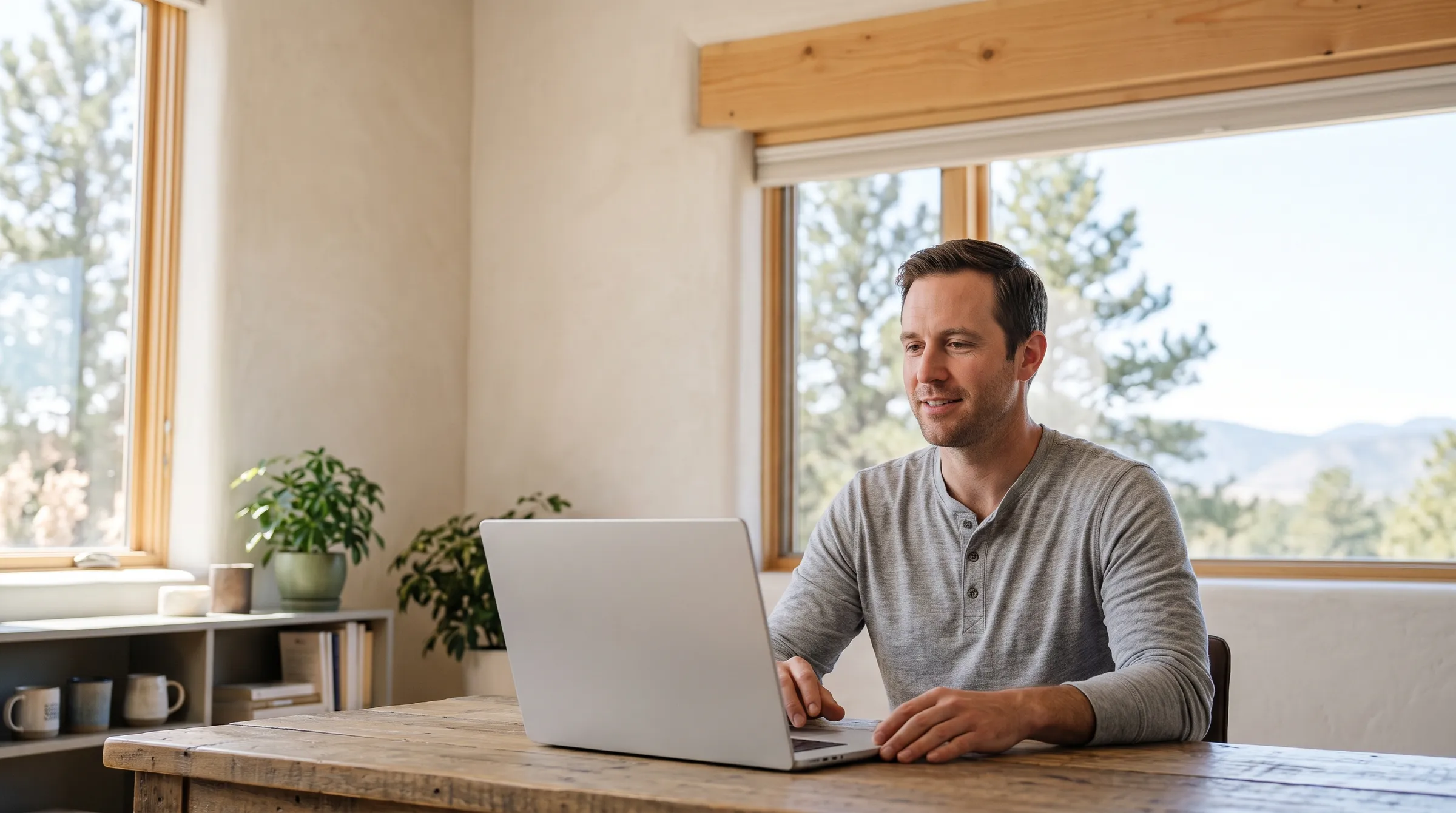 A man at an open laptop on a wood desk in a sunlit Colorado home, pines and low foothills through the window beside him.