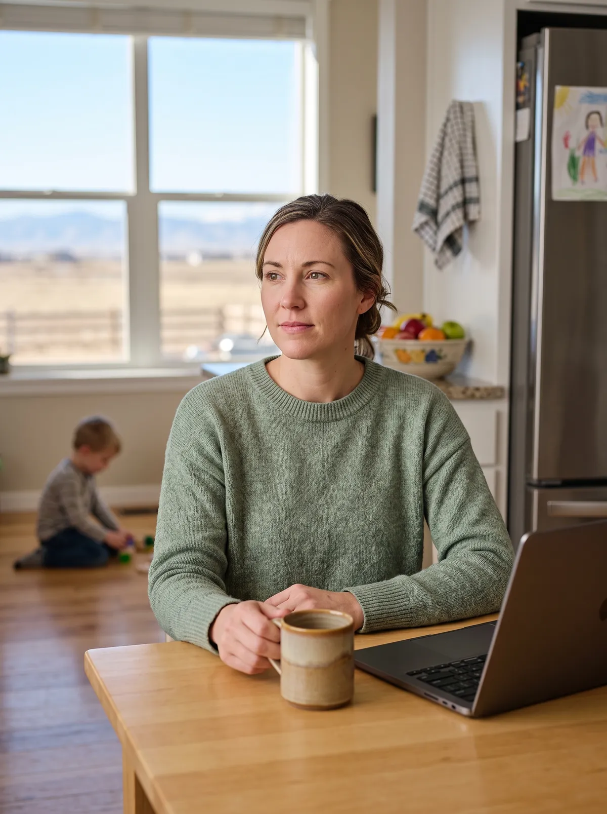 A woman at a kitchen table with a mug and an open laptop, a young child playing on the floor behind her and open country through the window.