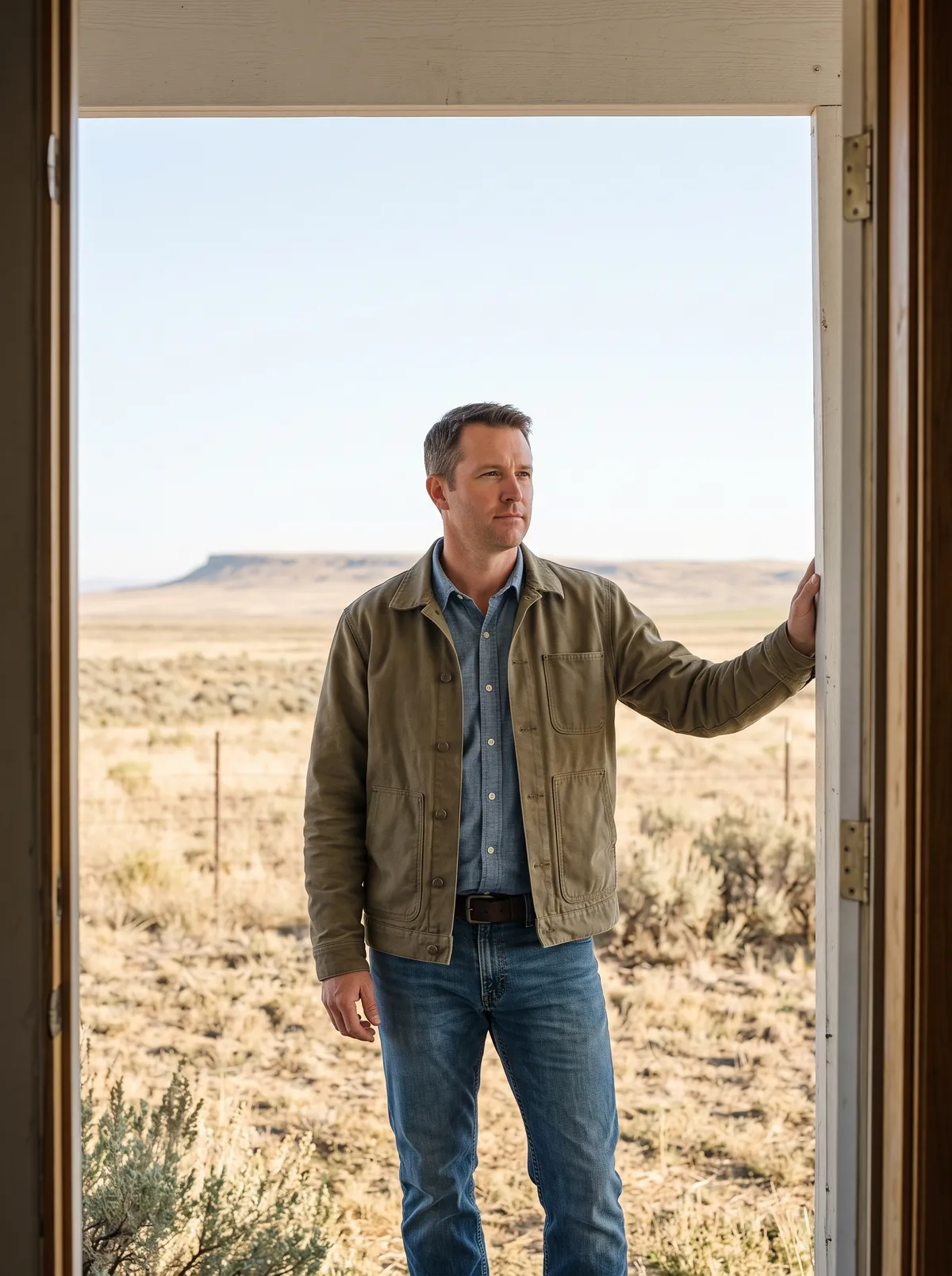 A man in a plain canvas work jacket standing in an open ranch-house doorway, looking out across sagebrush grassland toward a distant butte.