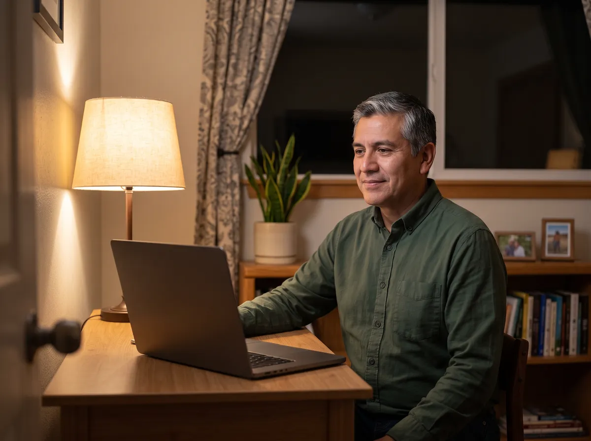 A man at a home-office desk with an open laptop, lit by a warm table lamp against a dark evening window.