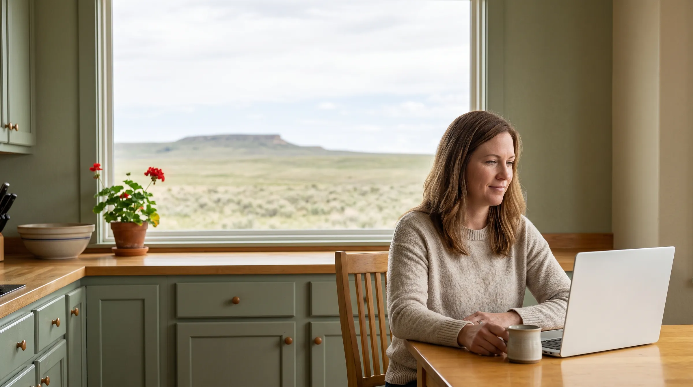 A woman at a kitchen table with an open laptop, sagebrush plains and a distant flat-topped butte through the window beside her.