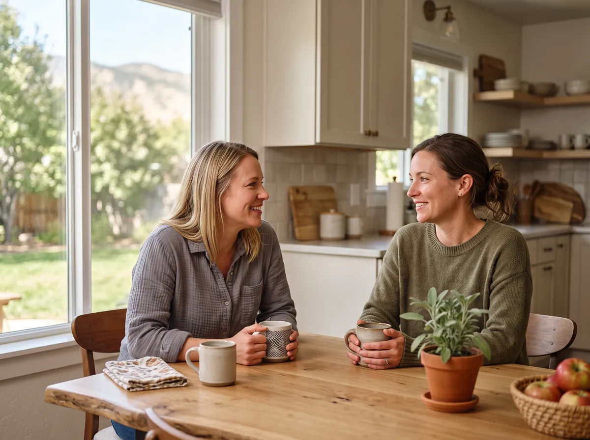 Two adults sharing coffee and easy conversation at a sunlit Colorado kitchen table.
