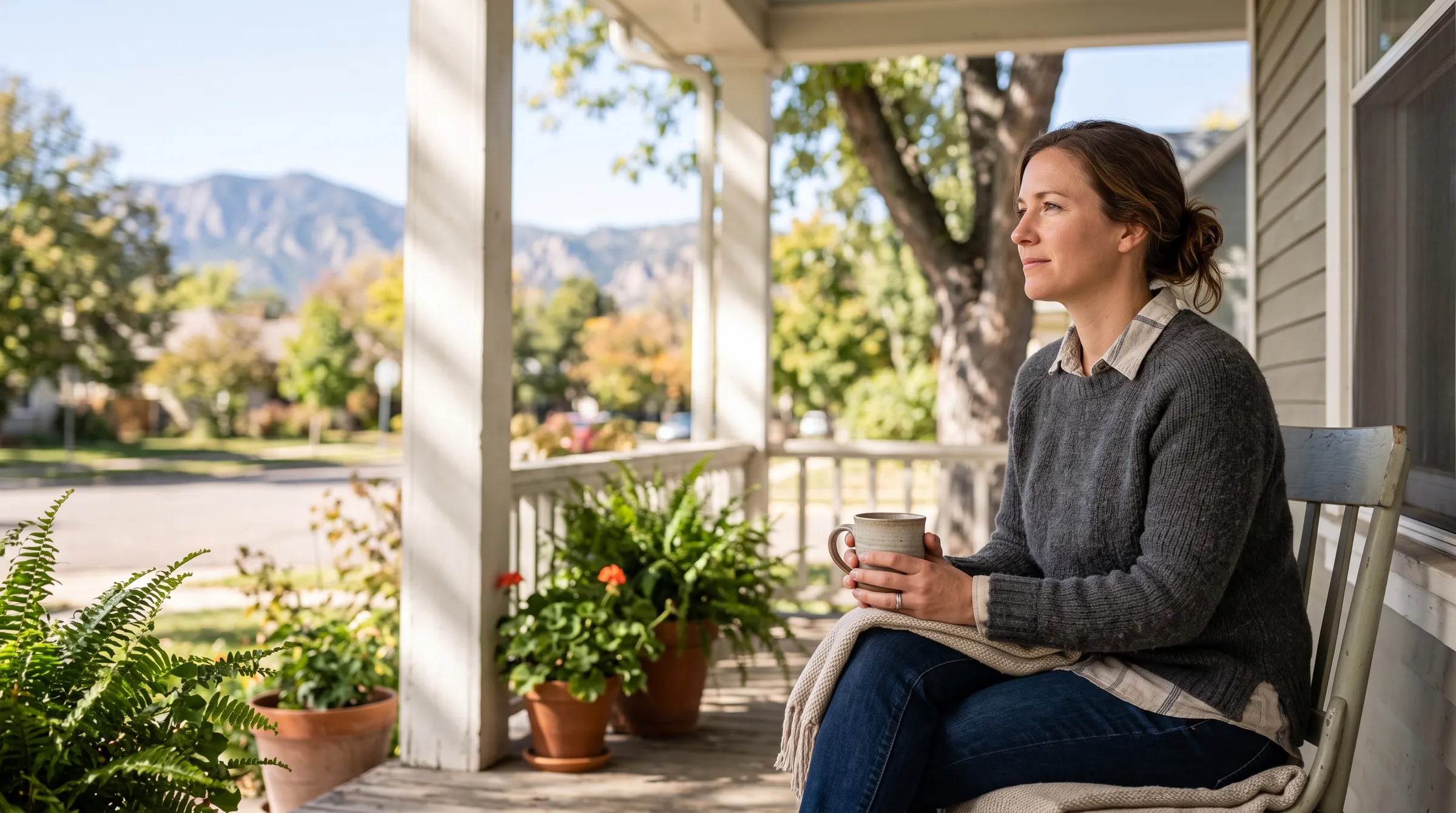 A woman relaxing with coffee on a sunlit Colorado front porch, the Front Range foothills in the distance.