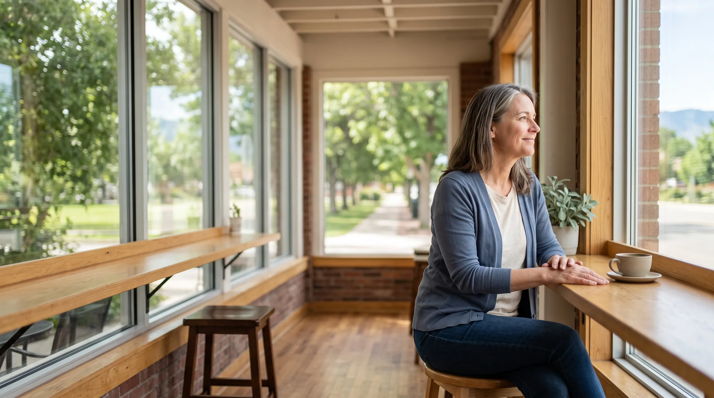 A woman with long grey hair in a blue cardigan seated at a coffee shop window counter, looking out to a sunlit tree-lined street.