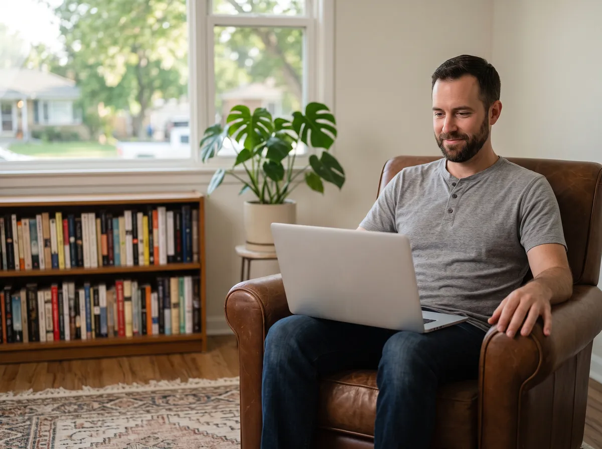 A bearded man in a grey henley seated in a brown leather armchair with an open laptop on his knees, a full bookshelf and a window onto a tree-lined street behind him.