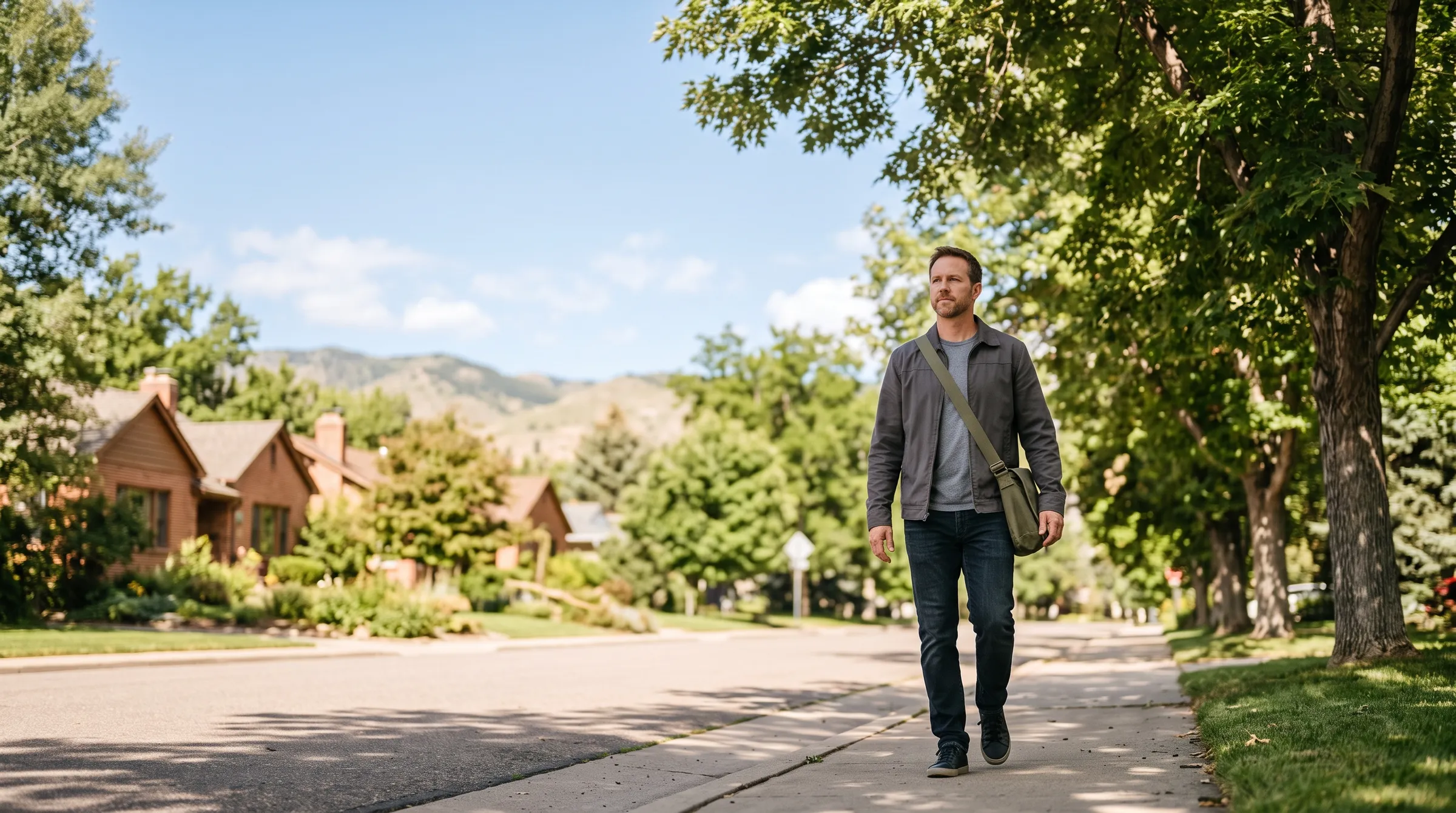 A man walking a tree-lined Front Range sidewalk on a clear Colorado morning, the foothills soft in the distance.