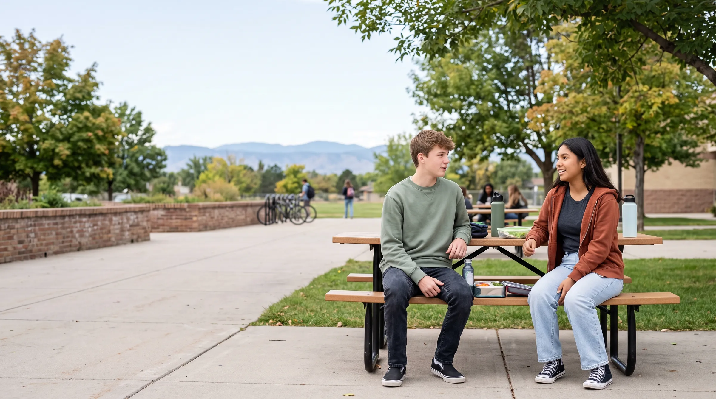 Two teenagers sitting side by side at an outdoor courtyard picnic table over lunch, mid-conversation.