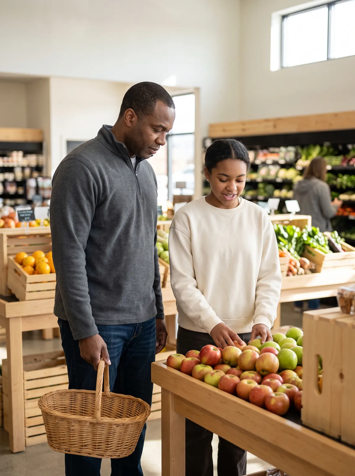 A father and his teenage daughter choosing apples together at a grocery produce table, a wicker basket in his hand.