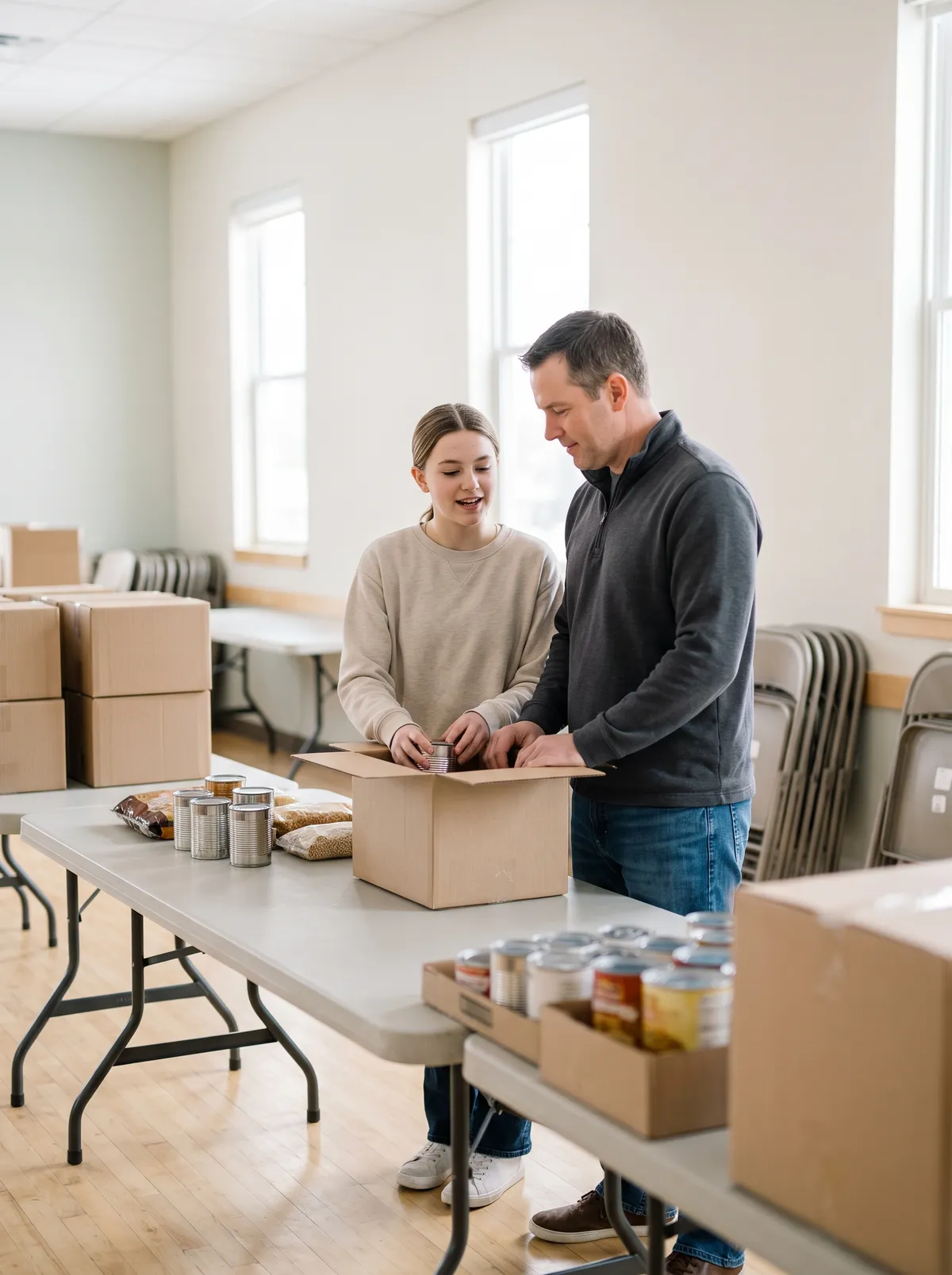 A father and his teenage daughter packing tinned food into a cardboard box at a folding table, more full boxes stacked behind them.