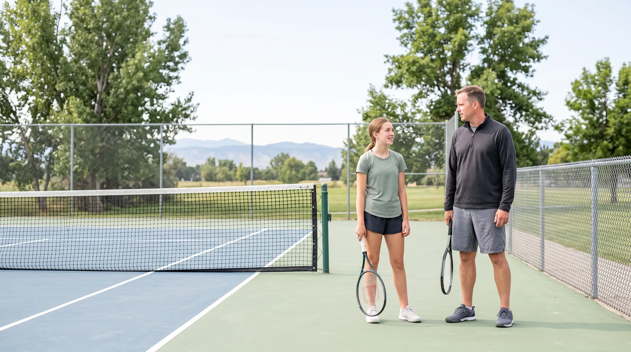A father and his teenage daughter standing beside the net on an outdoor tennis court, rackets lowered, turned toward each other mid-conversation.