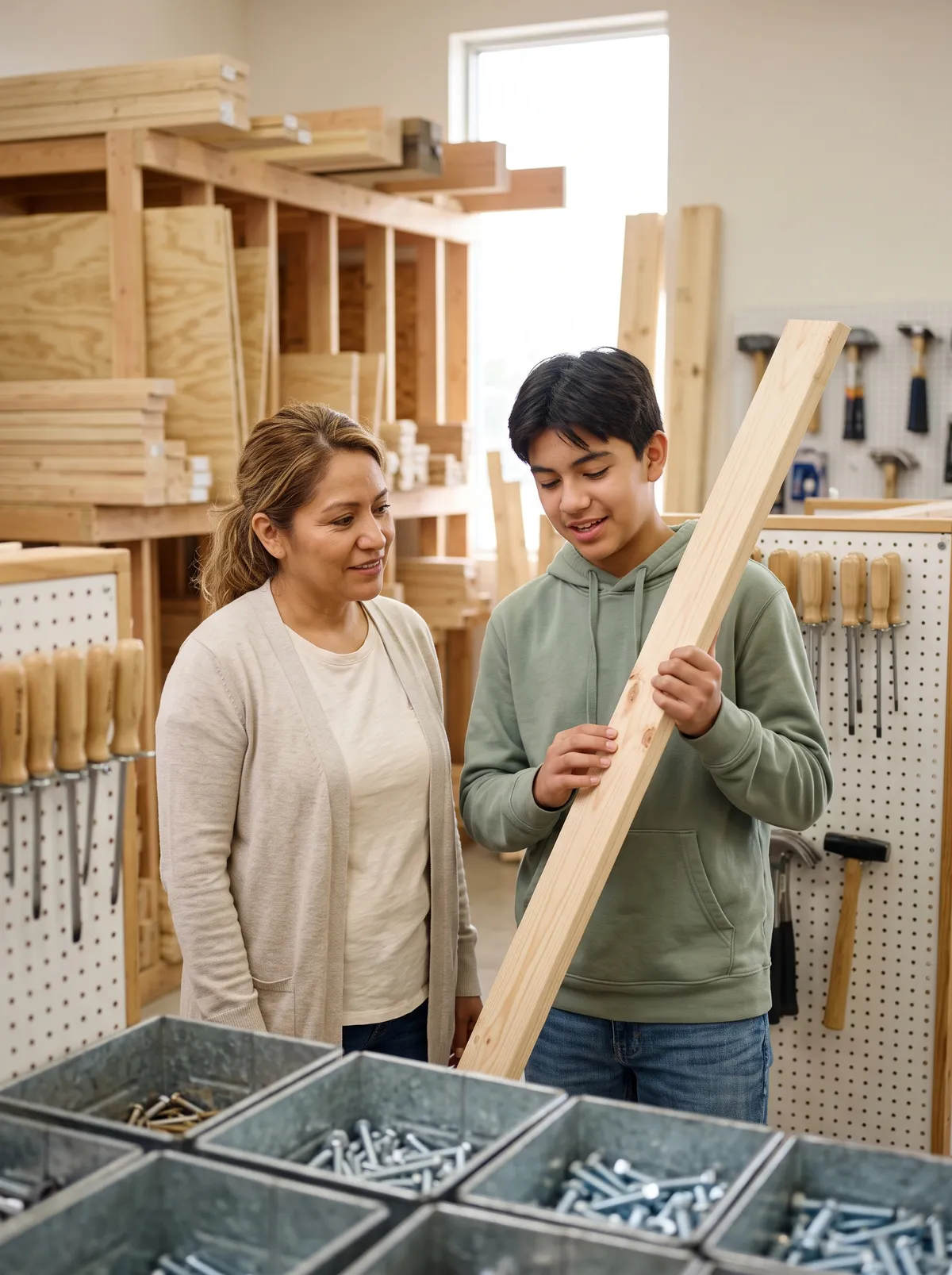 A woman and her teenage son in a hardware store aisle, the son holding a length of plain pine board upright as the two of them look it over.