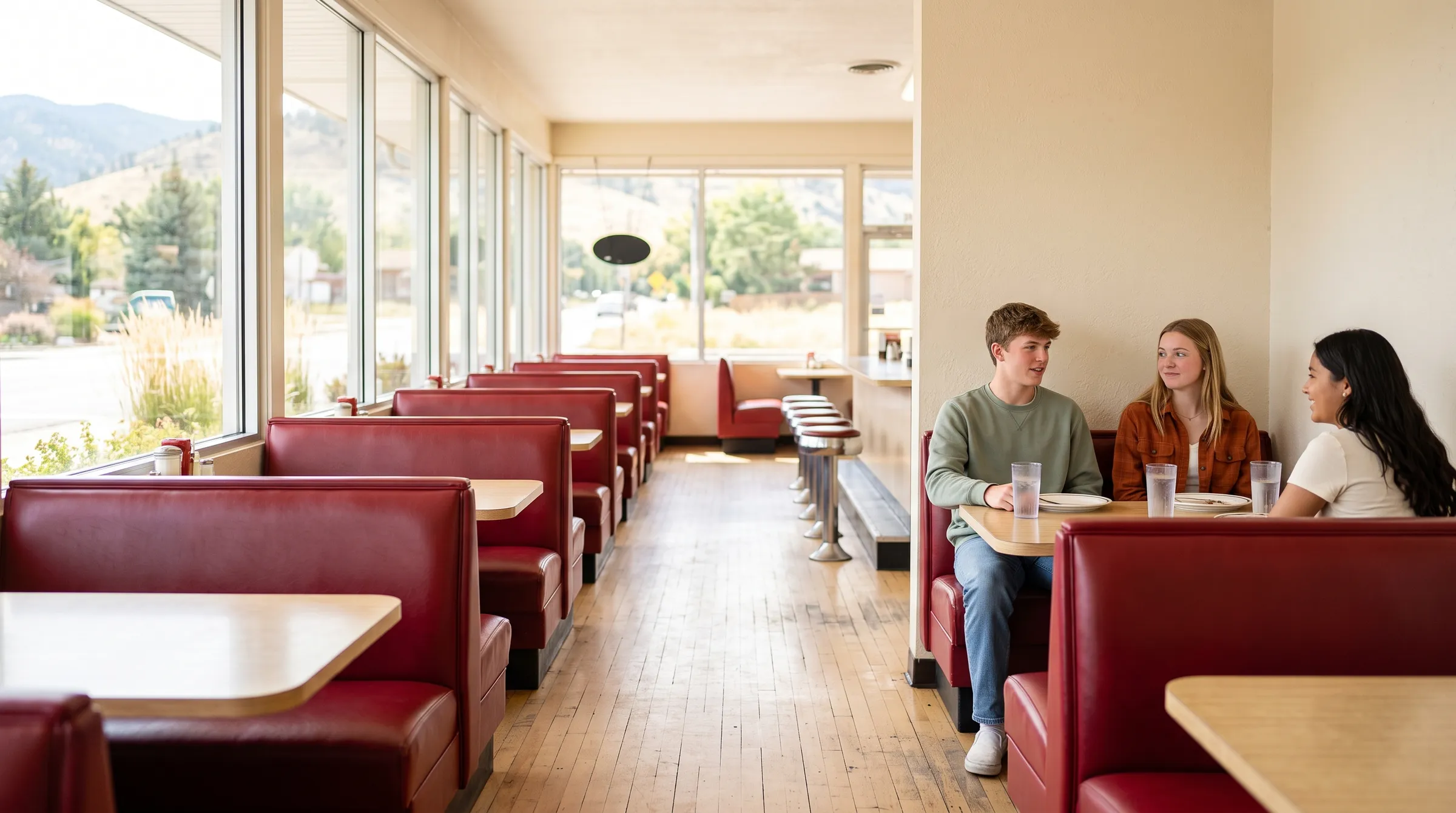 Three teenagers sharing a corner booth in a small-town diner, mid-conversation over plates and glasses of water.
