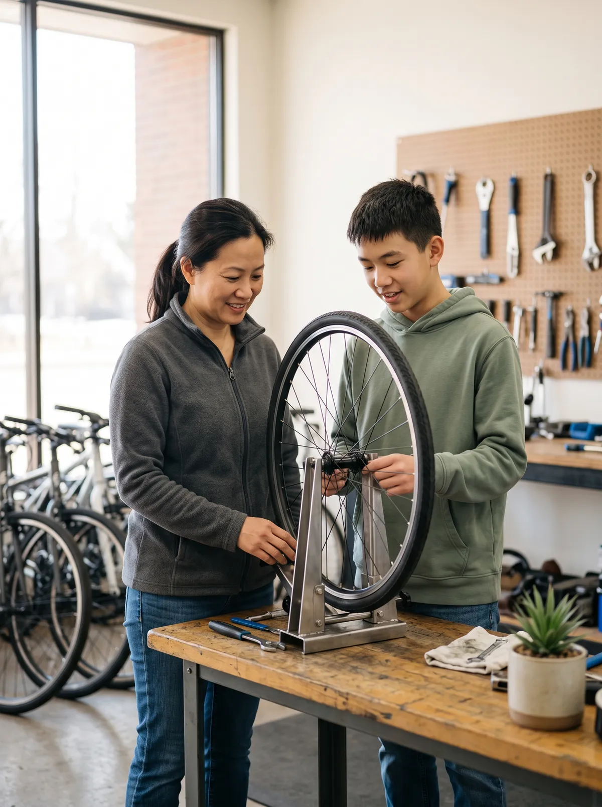 A mother and her teenage son either side of a repair bench in a neighborhood bike shop, a bicycle wheel upright in a truing stand between them.