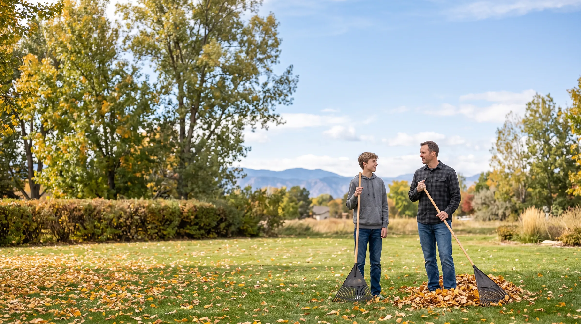 A man and his teenage son on an autumn lawn with leaf rakes, a pile of gold leaves between them, turned toward each other mid-conversation.