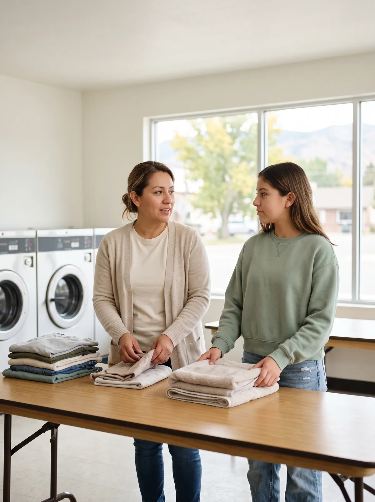 A woman and her teenage daughter folding laundry into stacks at a long table in a laundromat, turned toward each other mid-conversation.