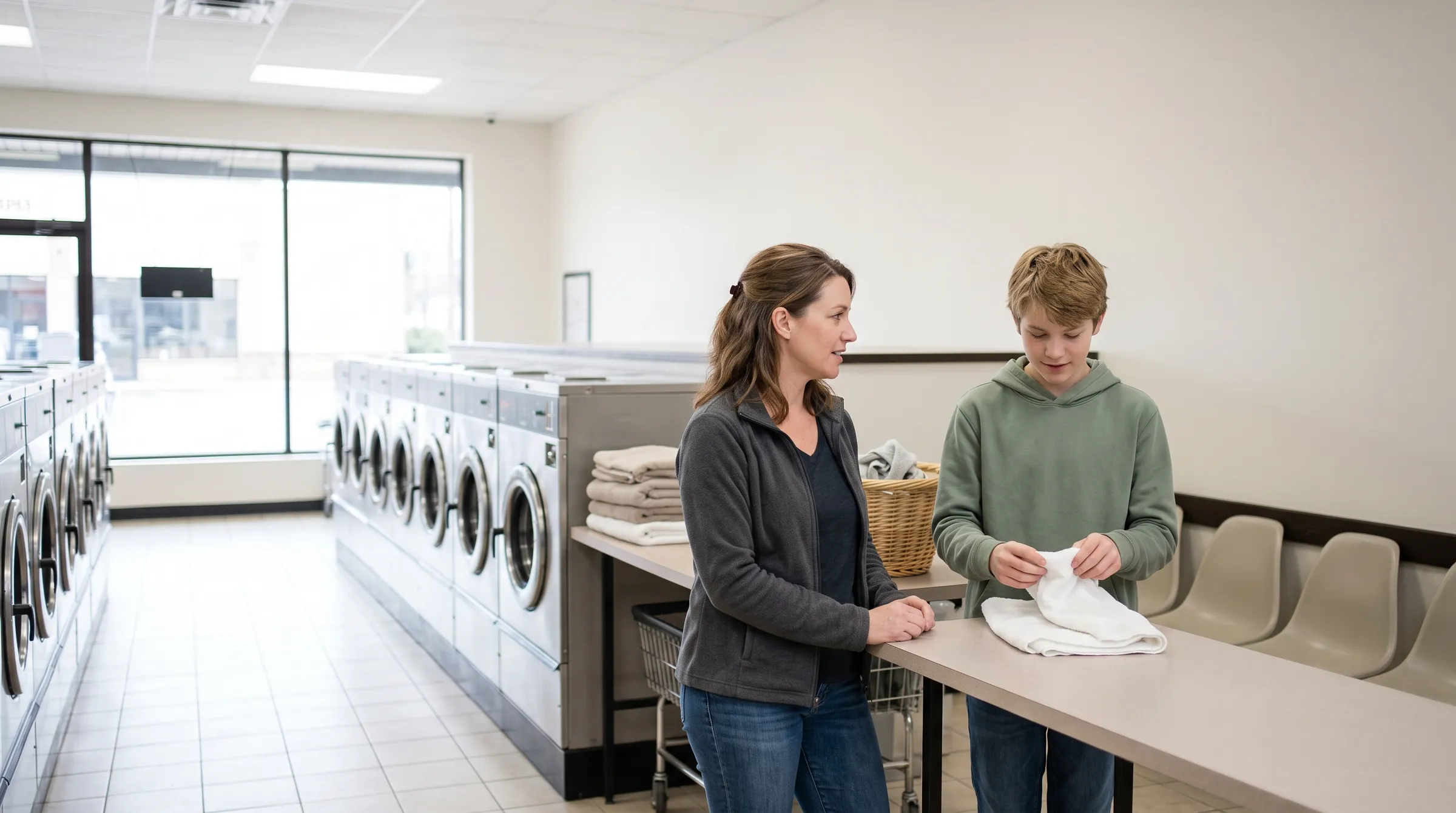 A woman and her teenage son folding laundry together at a counter in a laundromat, talking as they work.