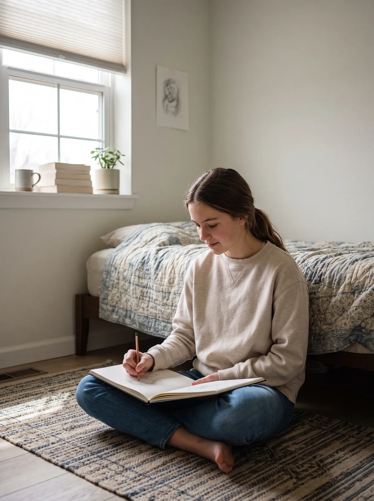 A teenage girl sitting cross-legged on a bedroom rug, drawing in an open sketchbook with a pencil.