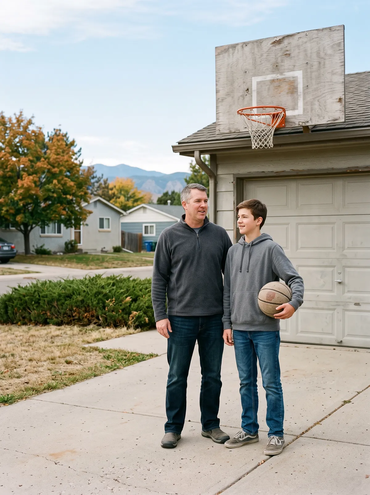 A father and his teenage son standing and talking in their driveway, a basketball under the son's arm.