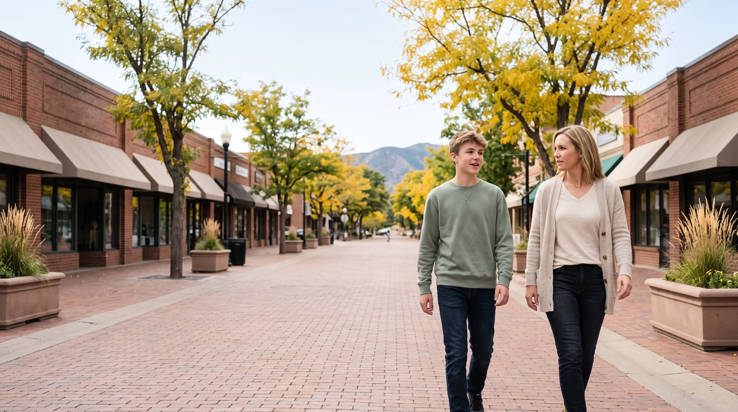 A woman and her teenage son walking side by side along a brick pedestrian street lined with awnings and yellow autumn trees, talking as they go.