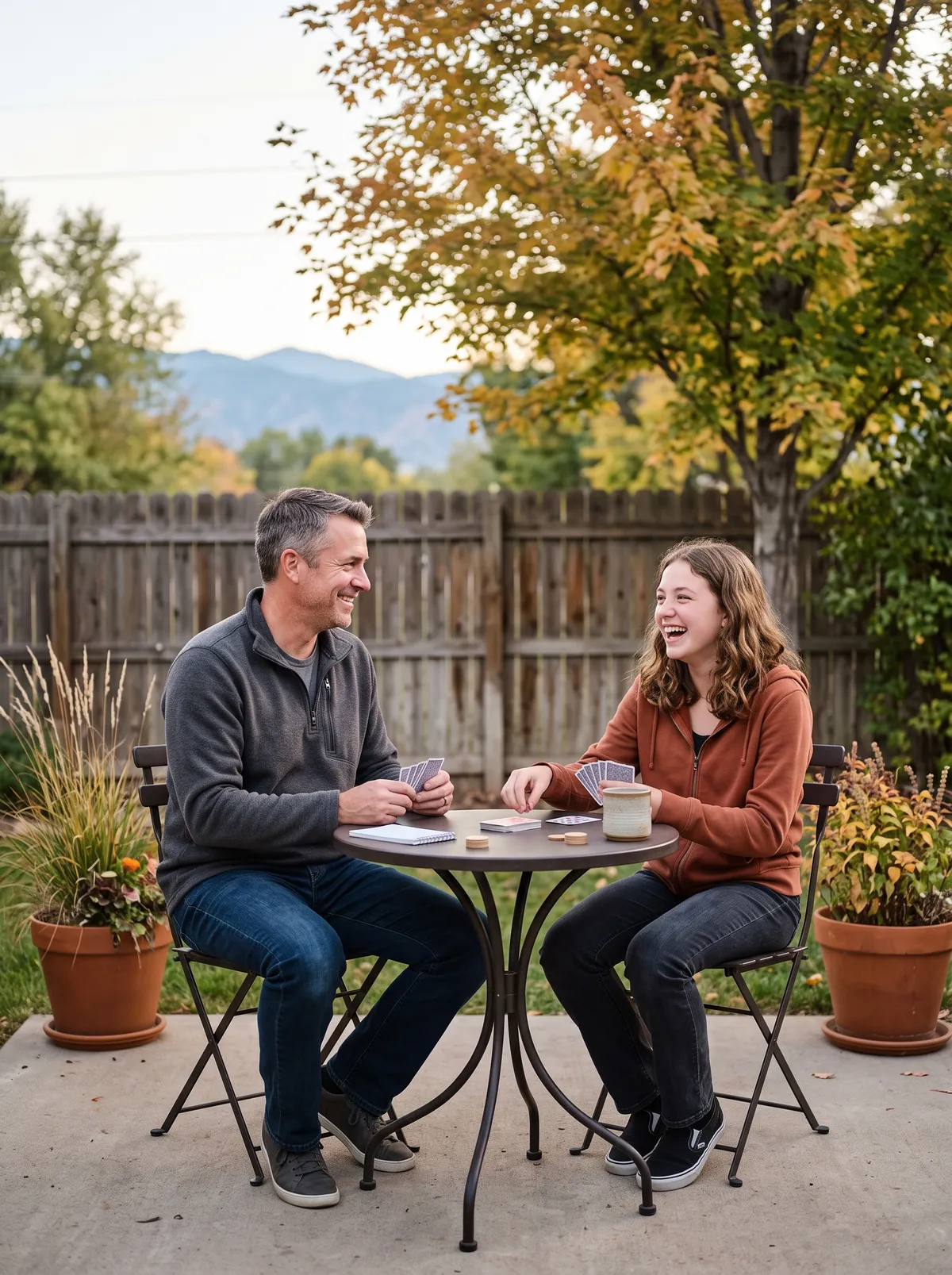 A man and his teenage daughter laughing together over a card game at a small patio table in a fenced backyard, autumn trees behind them.