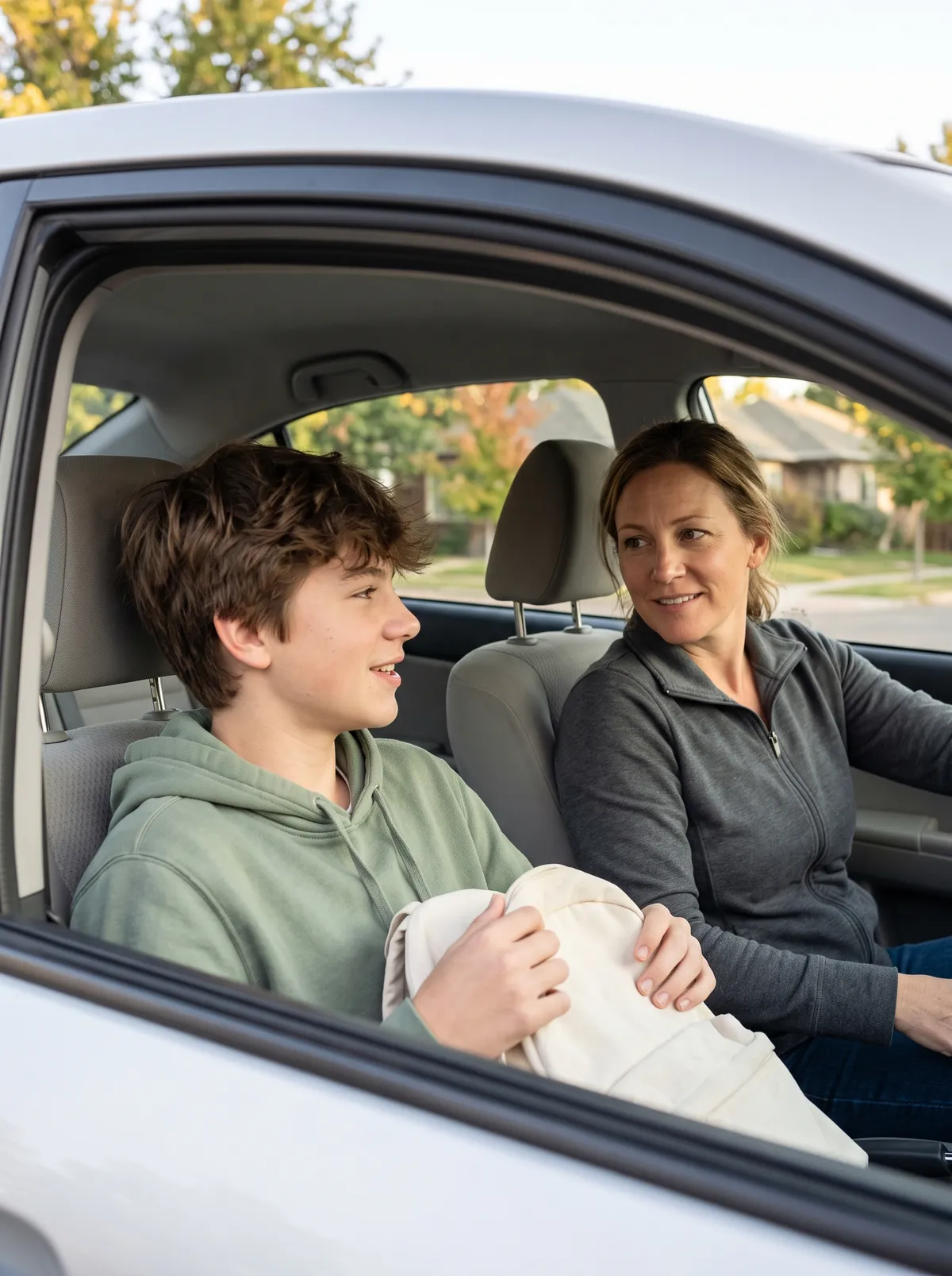 A teenage boy in the passenger seat of a parked car, a backpack in his lap, talking with the woman in the driver's seat.