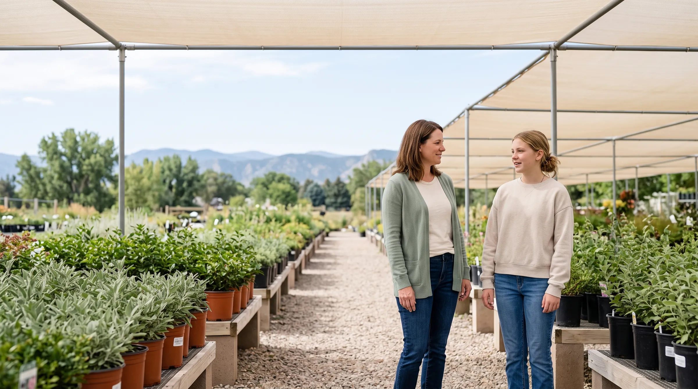 A woman and her teenage daughter standing together in the gravel aisle of an outdoor plant nursery.