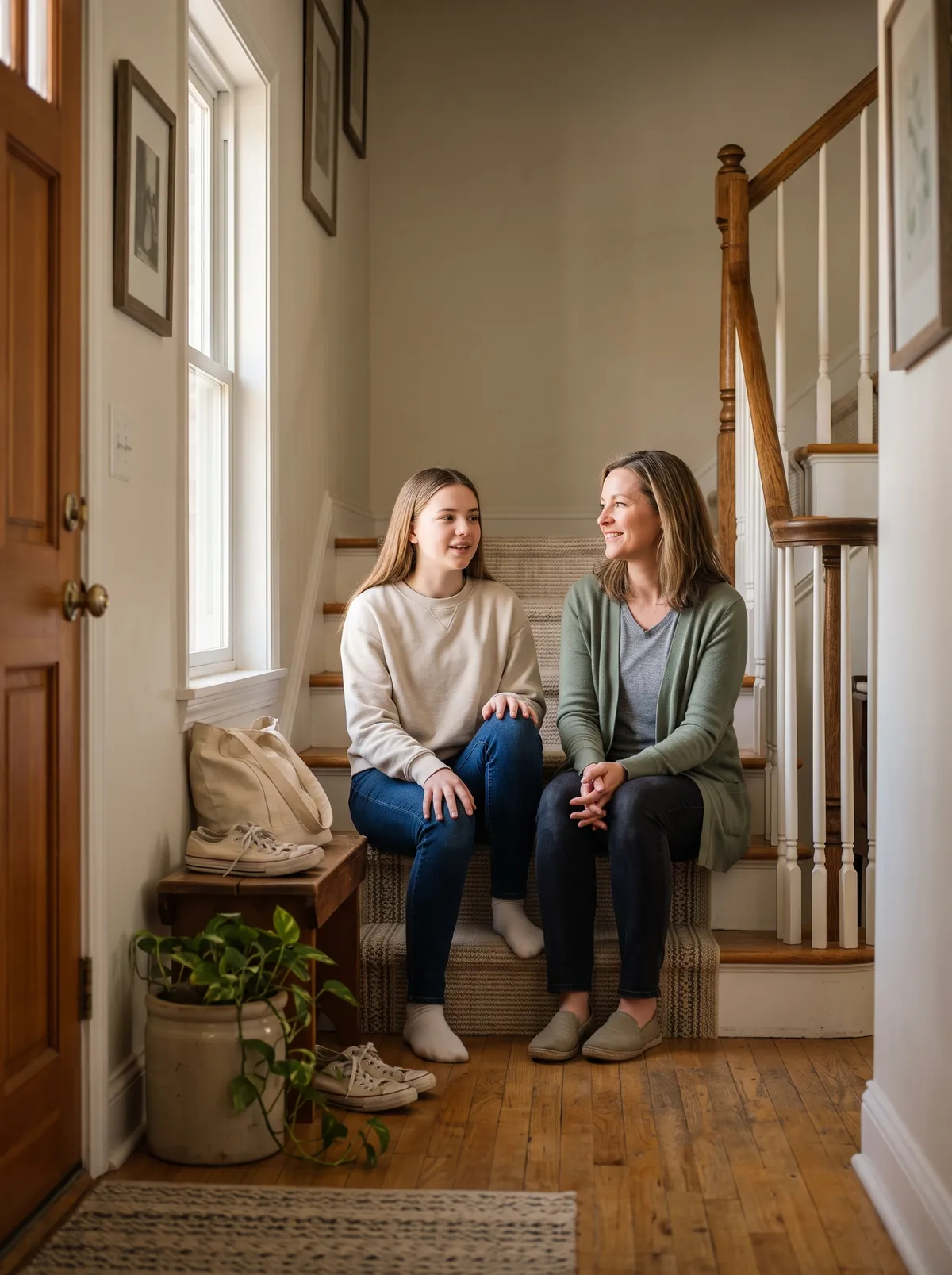 A teenage girl and her mother sitting together on the bottom steps of the staircase in their front hall.