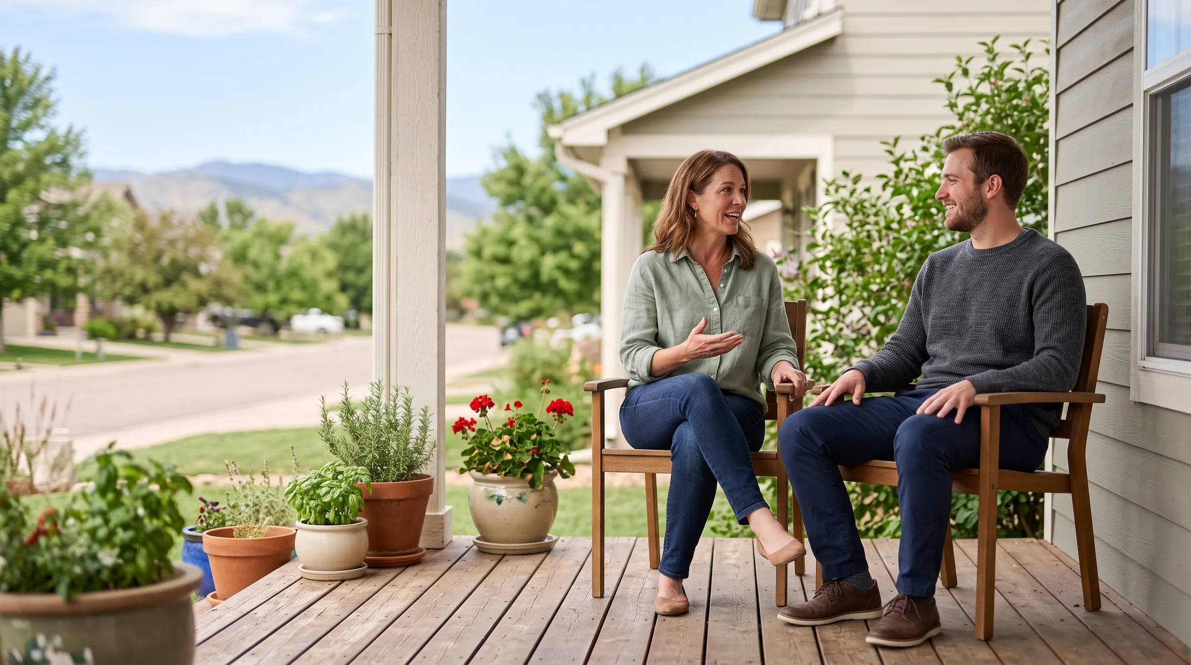 Two people sitting and talking on a Fort Collins front porch, herbs and geraniums in pots, Front Range foothills soft in the distance.